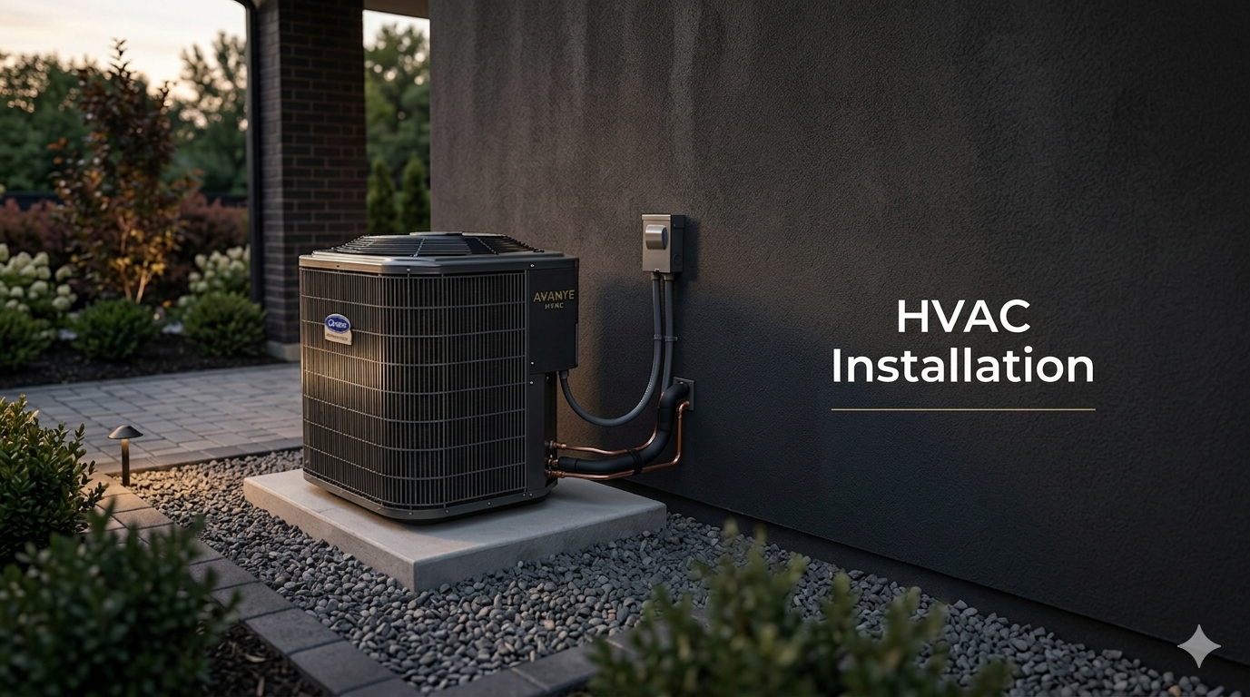 HVAC installation mockup — outdoor unit and branded service panel