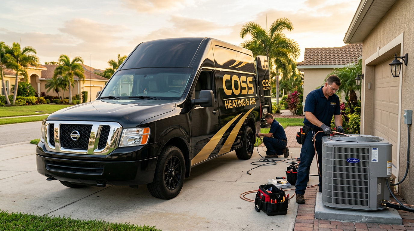 System replacement mockup — black COSS Heating & Air service van, equipment upgrade